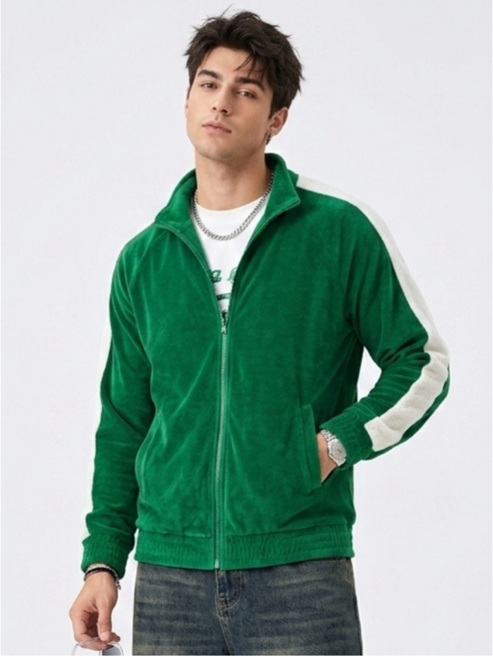 Men's H&M Green Relaxed Fit Terry Track Jacket White Sleeve Stripe Small - 760